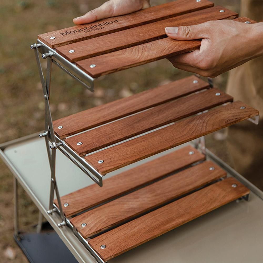 Outdoor Camping Cups Bowls Folding Storage Rack Wooden Three-tier Storage Bracket Picnic BBQ Tableware Cookware Storage Rack Campsite Tools Shelf
