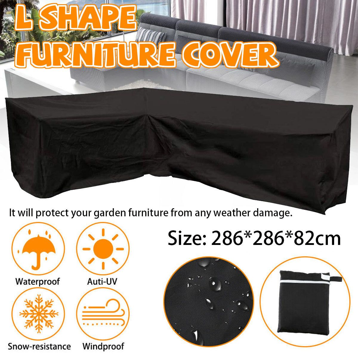 Waterproof L Shape Furniture Cover Outdoor Garden Sofa Protective Cover Black 286x286x82cm