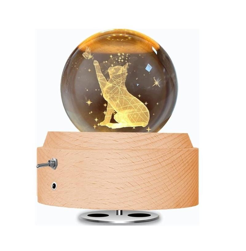 Fortune Cat Crystal Ball Music Box - LED Light (Wood Base)