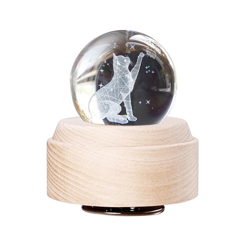 Fortune Cat Crystal Ball Music Box - LED Light (Wood Base)