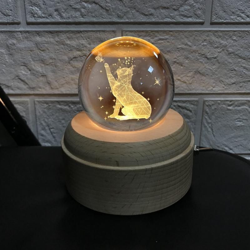 Fortune Cat Crystal Ball Music Box - LED Light (Wood Base)