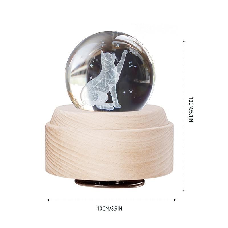 Fortune Cat Crystal Ball Music Box - LED Light (Wood Base)
