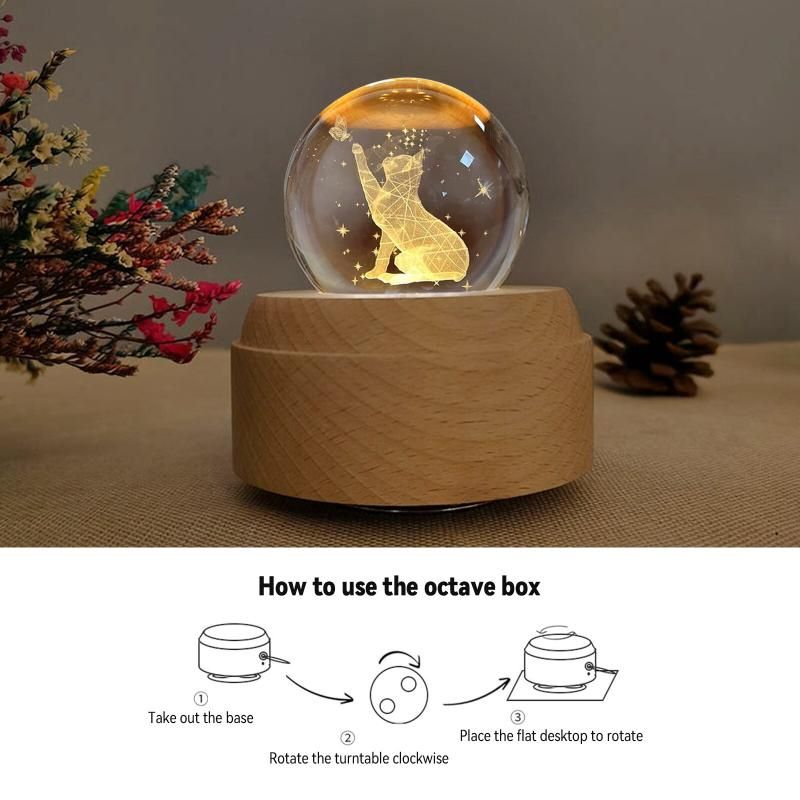 Fortune Cat Crystal Ball Music Box - LED Light (Wood Base)