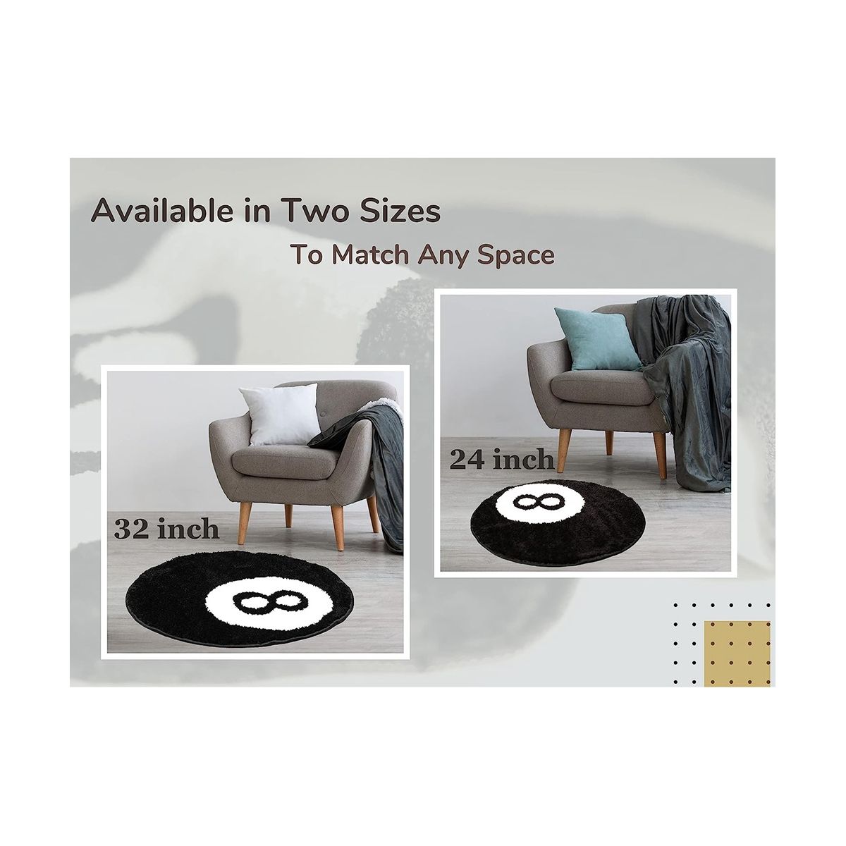 8 Ball Rug - 24 Inch White & Black Rug - Cool Rugs and Aesthetic Rugs for Bedroom & Living Room