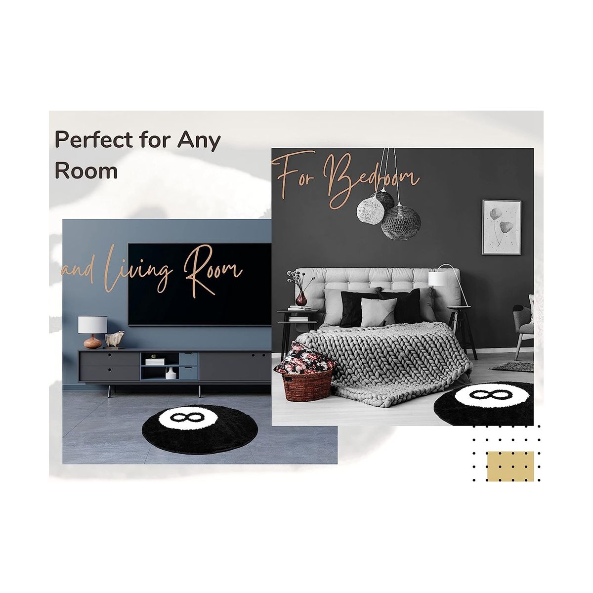 8 Ball Rug - 24 Inch White & Black Rug - Cool Rugs and Aesthetic Rugs for Bedroom & Living Room
