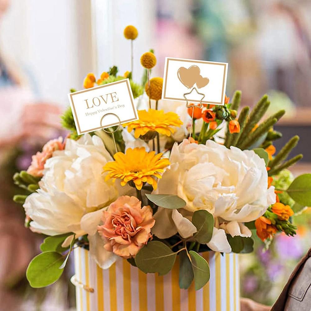 30PCS Metal Wire Floral Place Card Holder,Photo Clip Flower Card Holder Metal for Shower Party Favor(Round,Star,Heart)