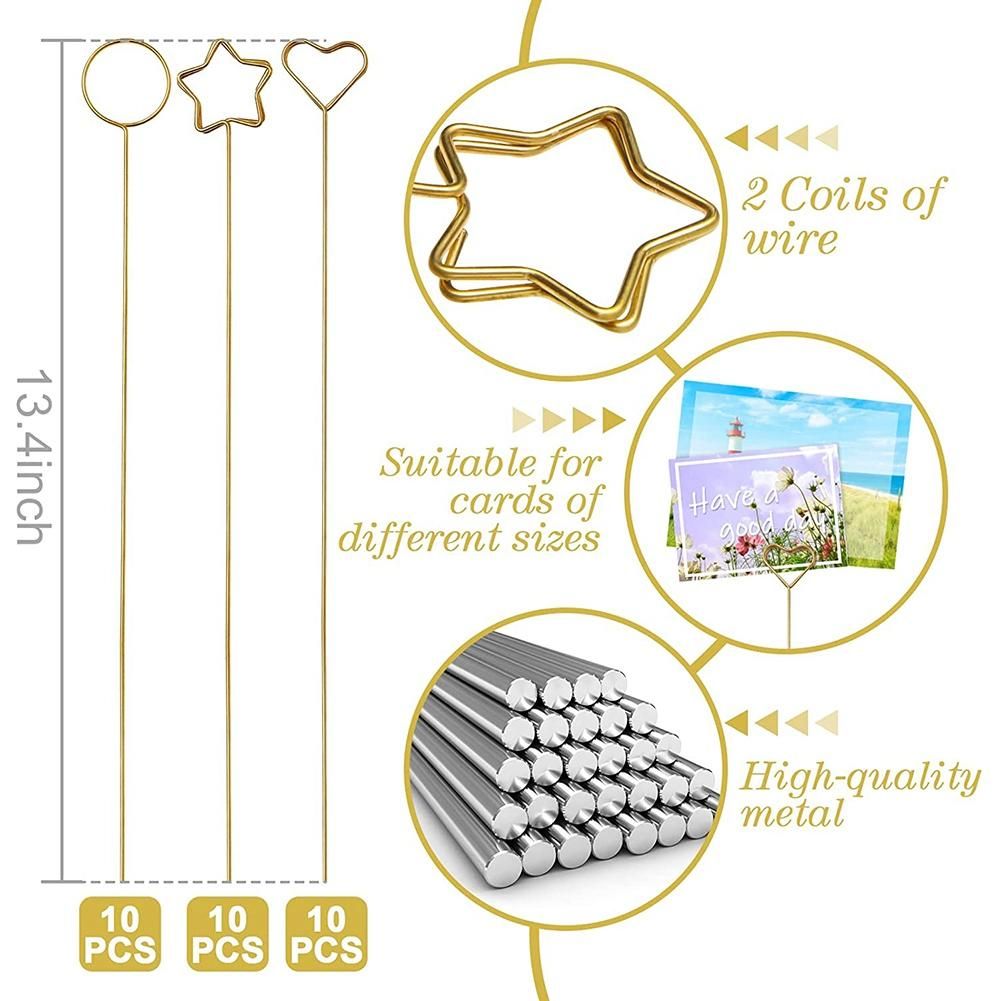 30PCS Metal Wire Floral Place Card Holder,Photo Clip Flower Card Holder Metal for Shower Party Favor(Round,Star,Heart)