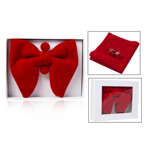 Velvet Bowtie With Cufflinks And Pocket Square  - Red