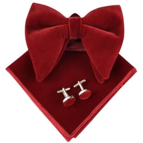 Velvet Bowtie With Cufflinks And Pocket Square  - Wine