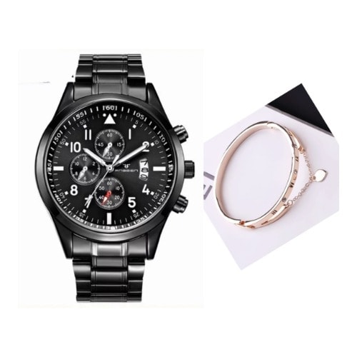 Studded Casual  Unisex Wrist Watch With Bracelet- Black