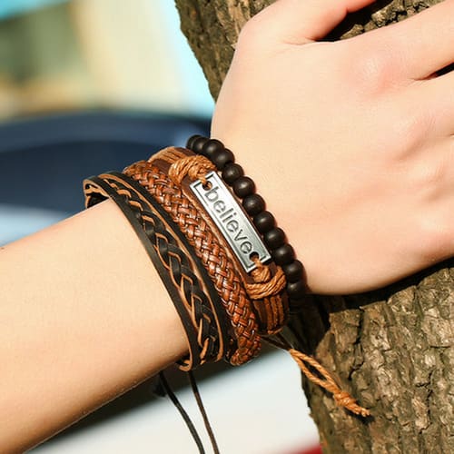 Men's Bracelet Vintage Woven Leather Jewelry- Black & Brown