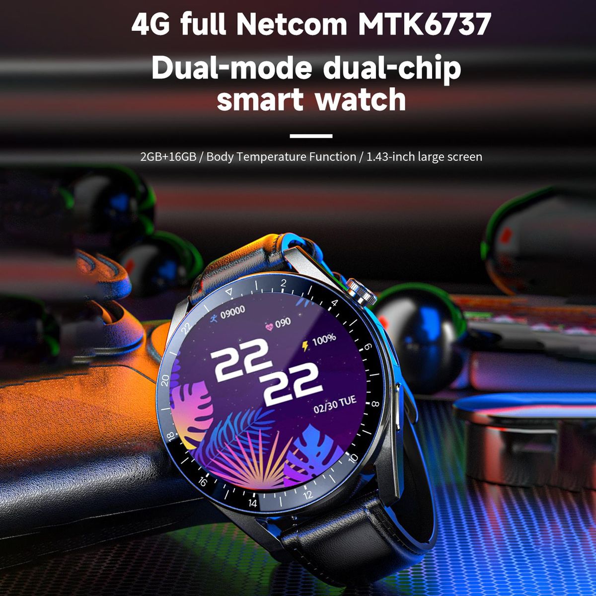 LOKMAT APPLLP 9 Smart Watch 1.43'' 400*400px Full-touch Screen 4G Independent Call Dual Chip&Dual Mode Android 10 OS 5MP Camera 2+16G Health/Fitness Monitor
