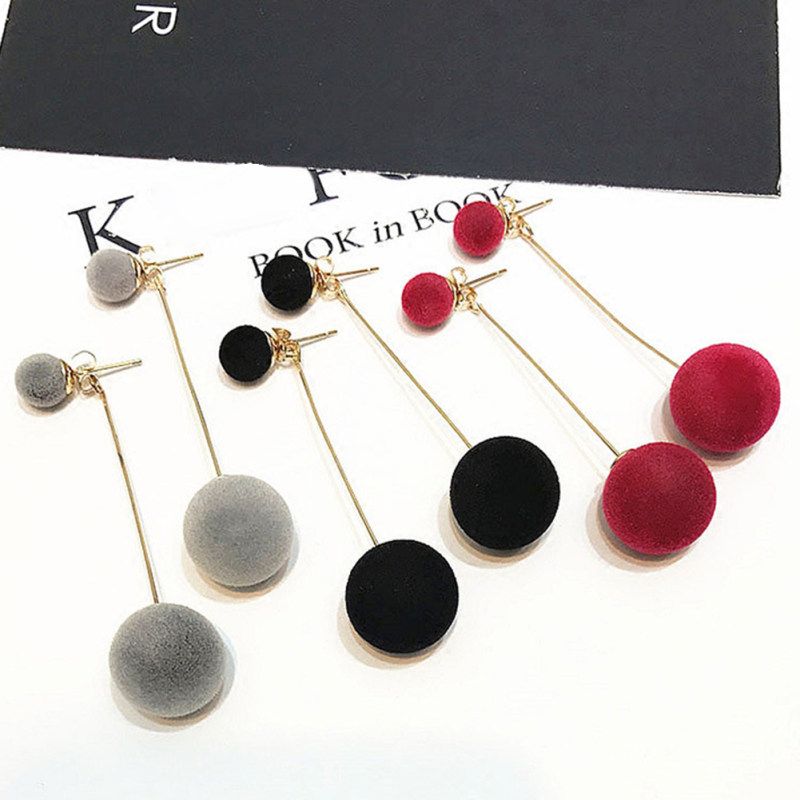 Women Double Faux Fur Ball Long Dangle-Black
