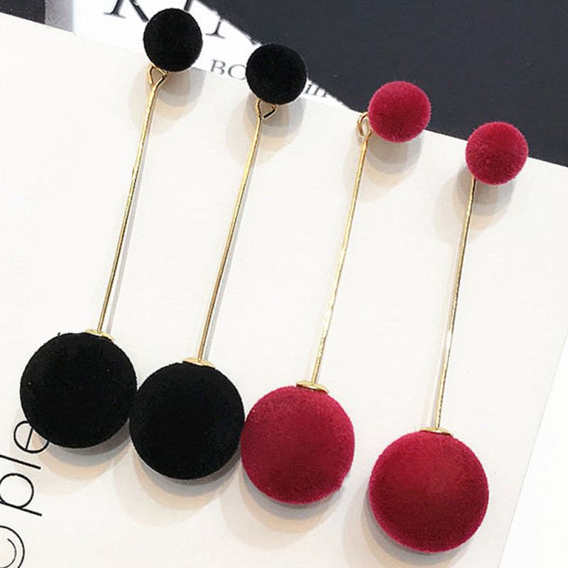 Women Double Faux Fur Ball Long Dangle-Black