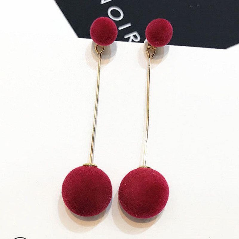 Women Double Faux Fur Ball Long Dangle-Black