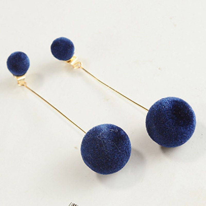 Women Double Faux Fur Ball Long Dangle-Black