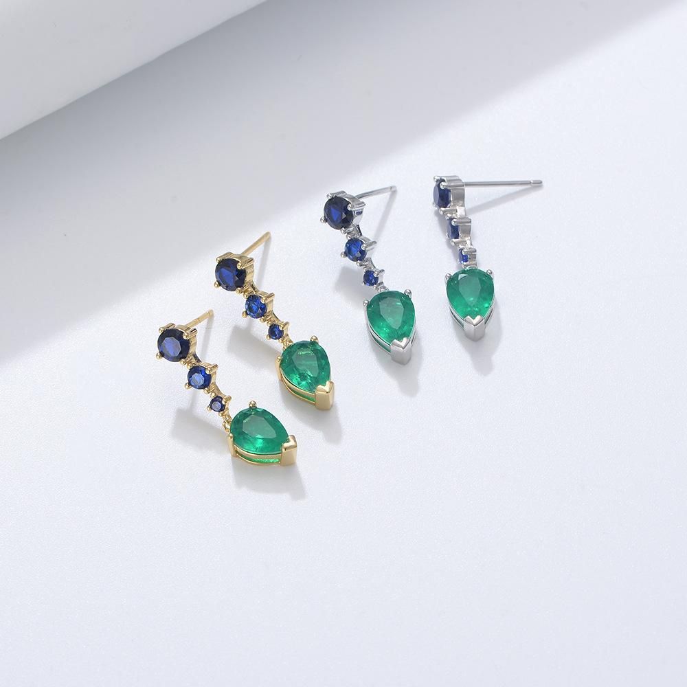 S925 Silver Spinel Blue Grandmother Green Water Droplet Zircon Long Style Earrings with Temperament Women's Retro Earrings and Earrings