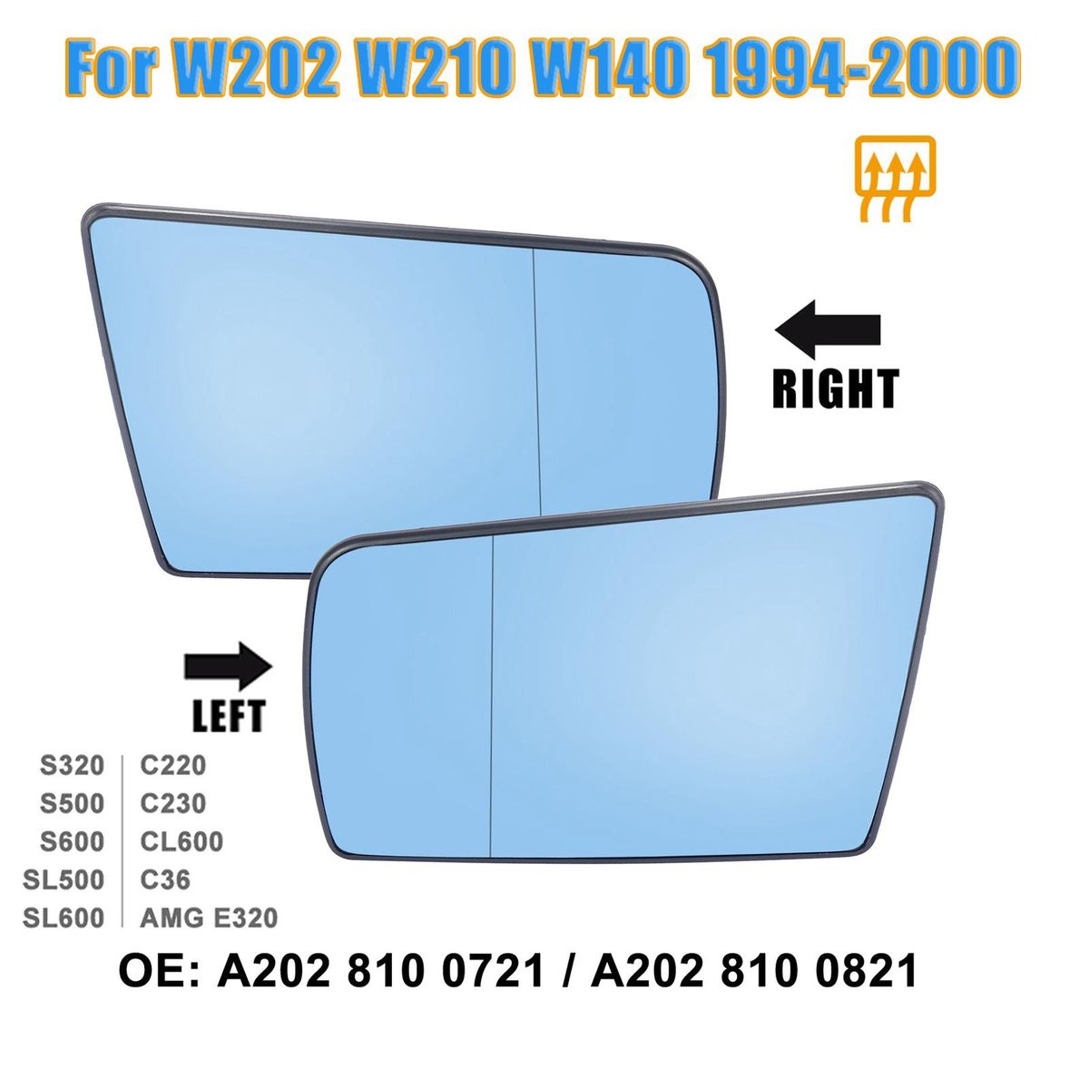 Left Side Side Wing Mirror Glass Heated with Backing Plate for C W202 E W210 S W140 1994-2000