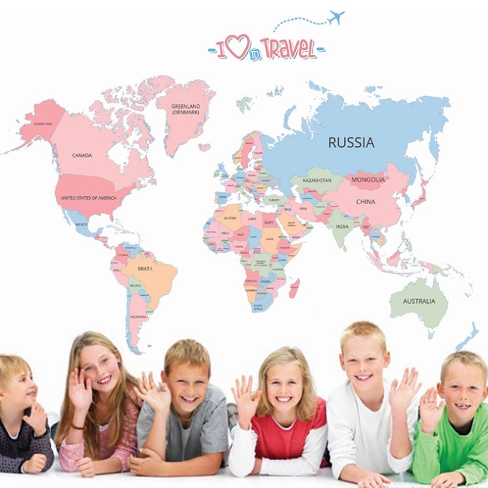 Colorful World Map Travel English Letters Wall Decal Home Sticker PVC Murals Paper House Decoration Wallpaper Living Room Bedroom Art Picture For Kids Teen Senior Adult Baby 328460 Color-0
