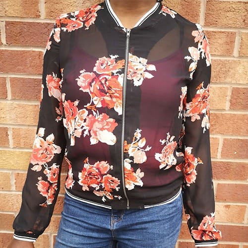Ladies Light Black Chiffon Full Zip Bomber Jacket With Floral Pattern