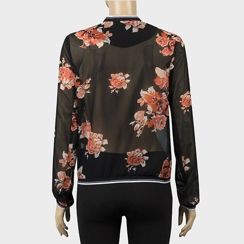 Ladies Light Black Chiffon Full Zip Bomber Jacket With Floral Pattern