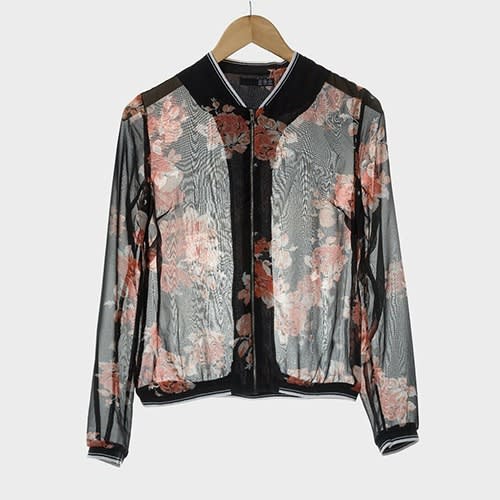 Ladies Light Black Chiffon Full Zip Bomber Jacket With Floral Pattern