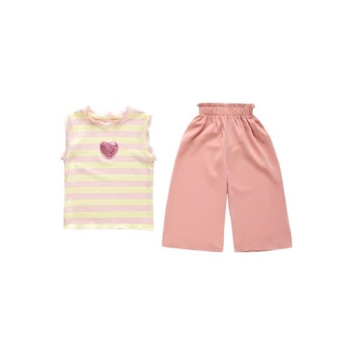 2-piece Girl Sequins Love Heart Stripe Tank Top With Wide Leg Pants