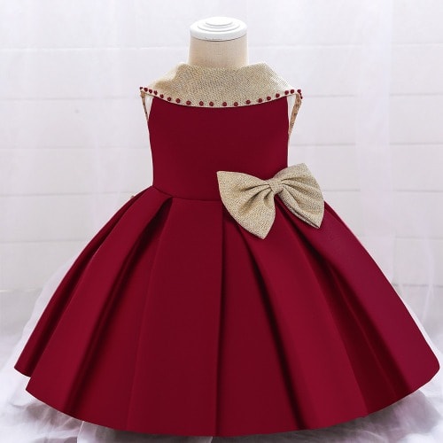 High Gold Collar Gown For Babies - Deep Red & Gold
