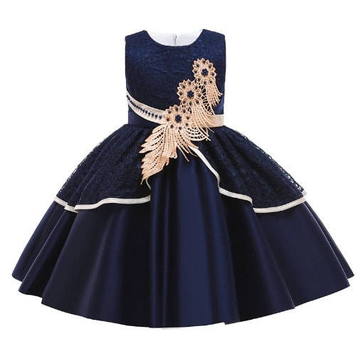 Girl Lace Satin Gown With Sequins Leaf - Navy Blue