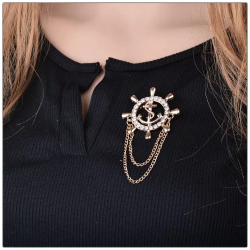 Gold Rudder Anchor Brooch With Double Chain