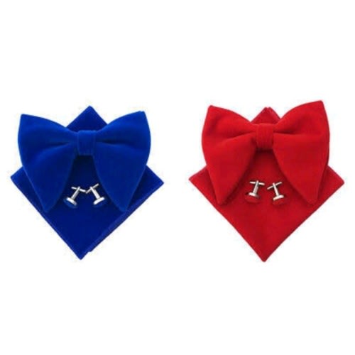 Bowknot Tie, Pocket Square And Cufflinks- Blue/red - 2pcs