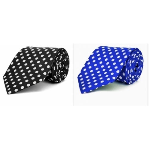 Set Of 2 Dotted Long Ties With Pocket Squares  - Black And Royal Blue