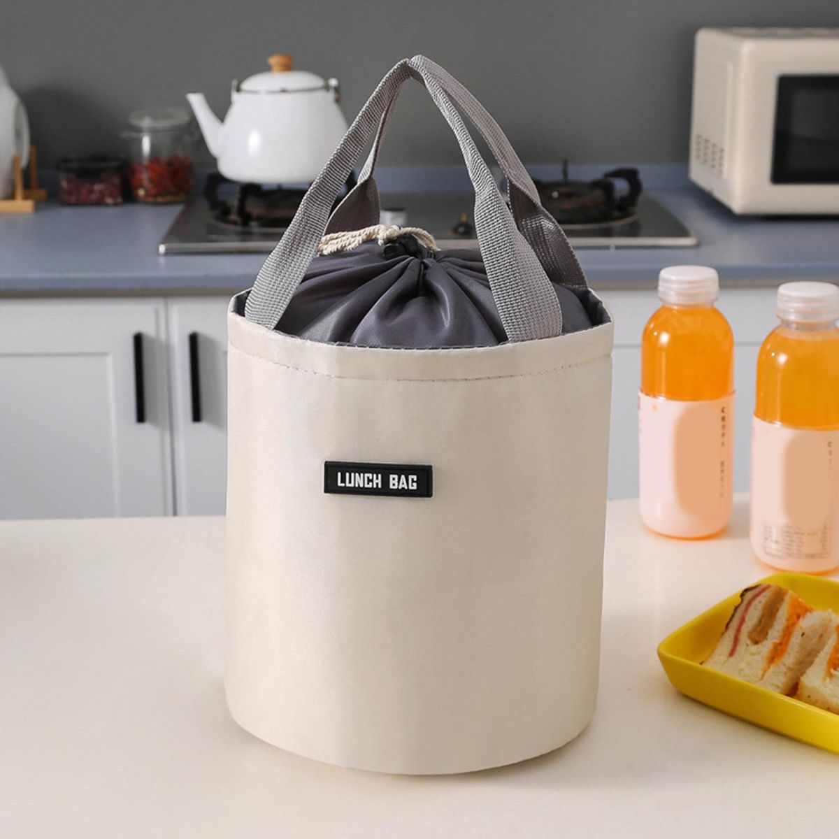 Lunch Bag Round Thermal Jar Container Beige
