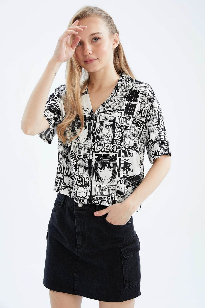 Woman Regular Fit Pyjamas Neck Woven Short Sleeve Shirt - White