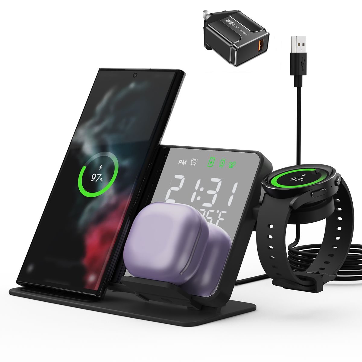 4 In 1 Wireless Charger For Samsung Galaxy S23 S22 Ultra Fast Charging Dock Station For Galaxy Watch 5 Pro Buds LED Alarm Clock(#With UK Plug)