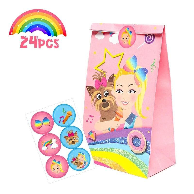 24Pcs JoJo Candy Bags with Stickers Recyclable Paper Party Supplies Pink Themed Party Favor Decorations for Kids Birthday Gifts