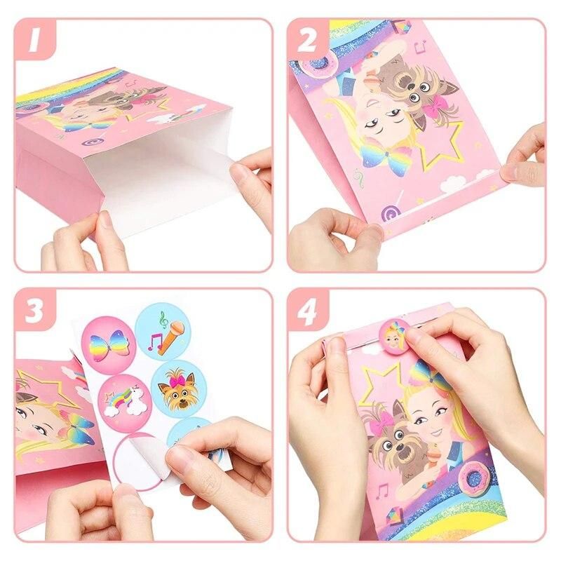 24Pcs JoJo Candy Bags with Stickers Recyclable Paper Party Supplies Pink Themed Party Favor Decorations for Kids Birthday Gifts