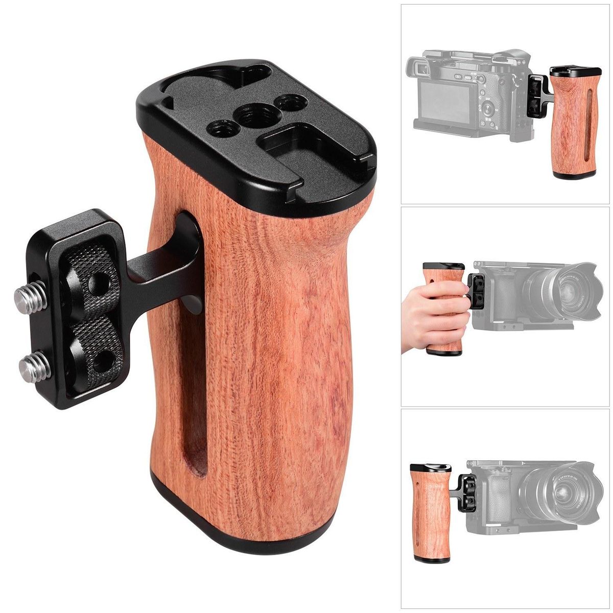 Universal Camera Cage Wooden Handle Side Hand Grip with Cold Shoe Mount 1/4 Inch & 3/8 Inch Screw Holes Photography Accessories, Pack of 1pc