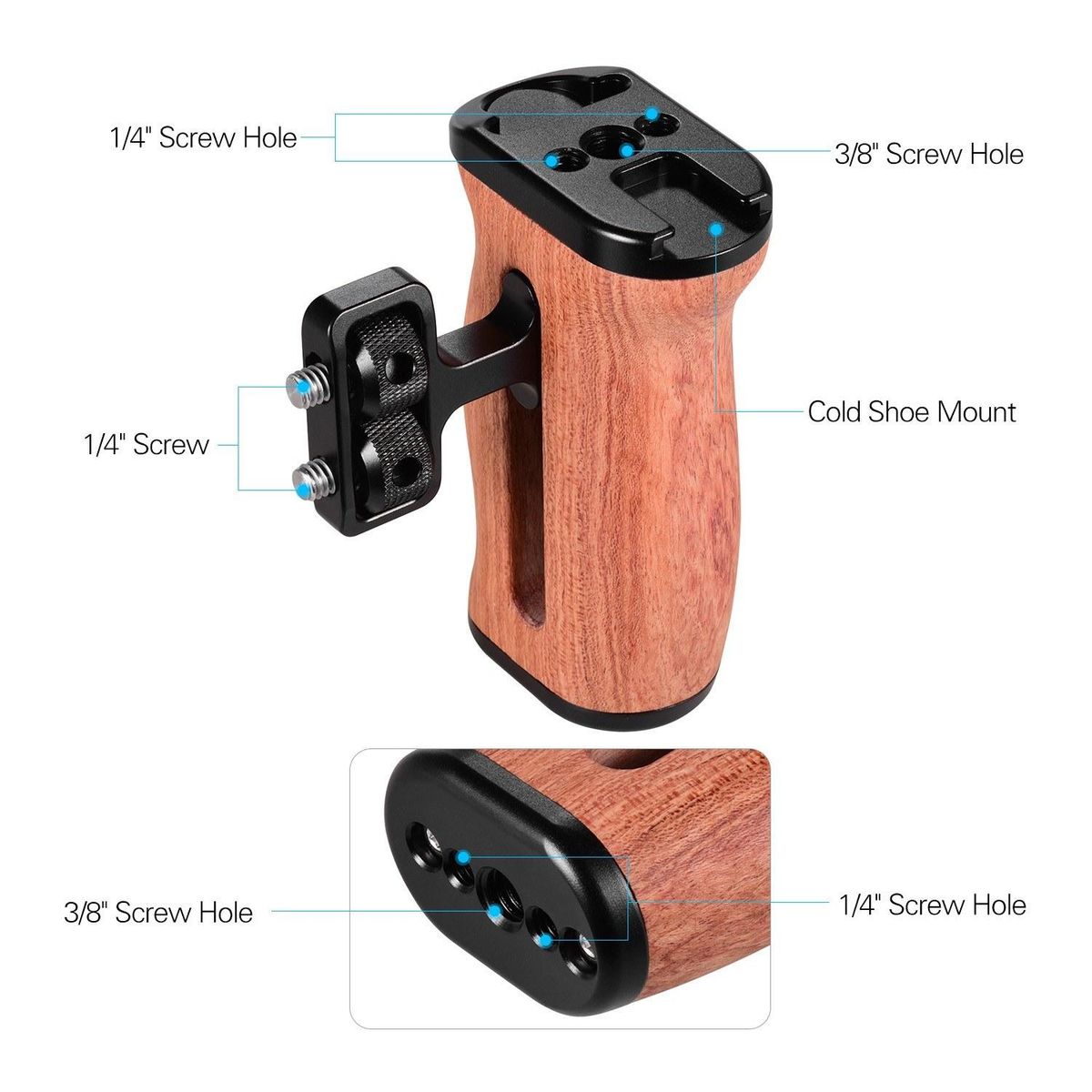 Universal Camera Cage Wooden Handle Side Hand Grip with Cold Shoe Mount 1/4 Inch & 3/8 Inch Screw Holes Photography Accessories, Pack of 1pc