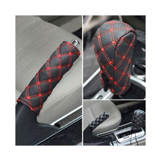 2Pcs/Set Faux Leather Hand Brake Shift Knob Cover Gear-Red
