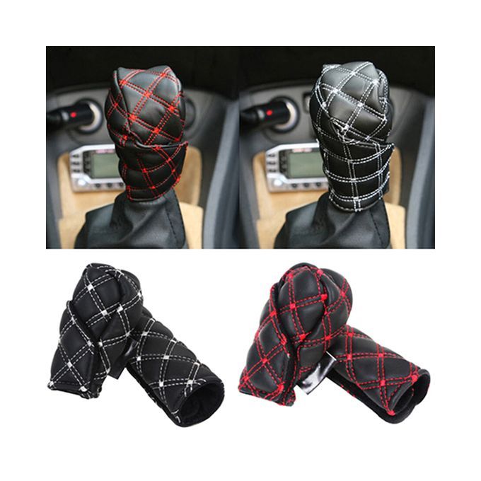 2Pcs/Set Faux Leather Hand Brake Shift Knob Cover Gear-Red