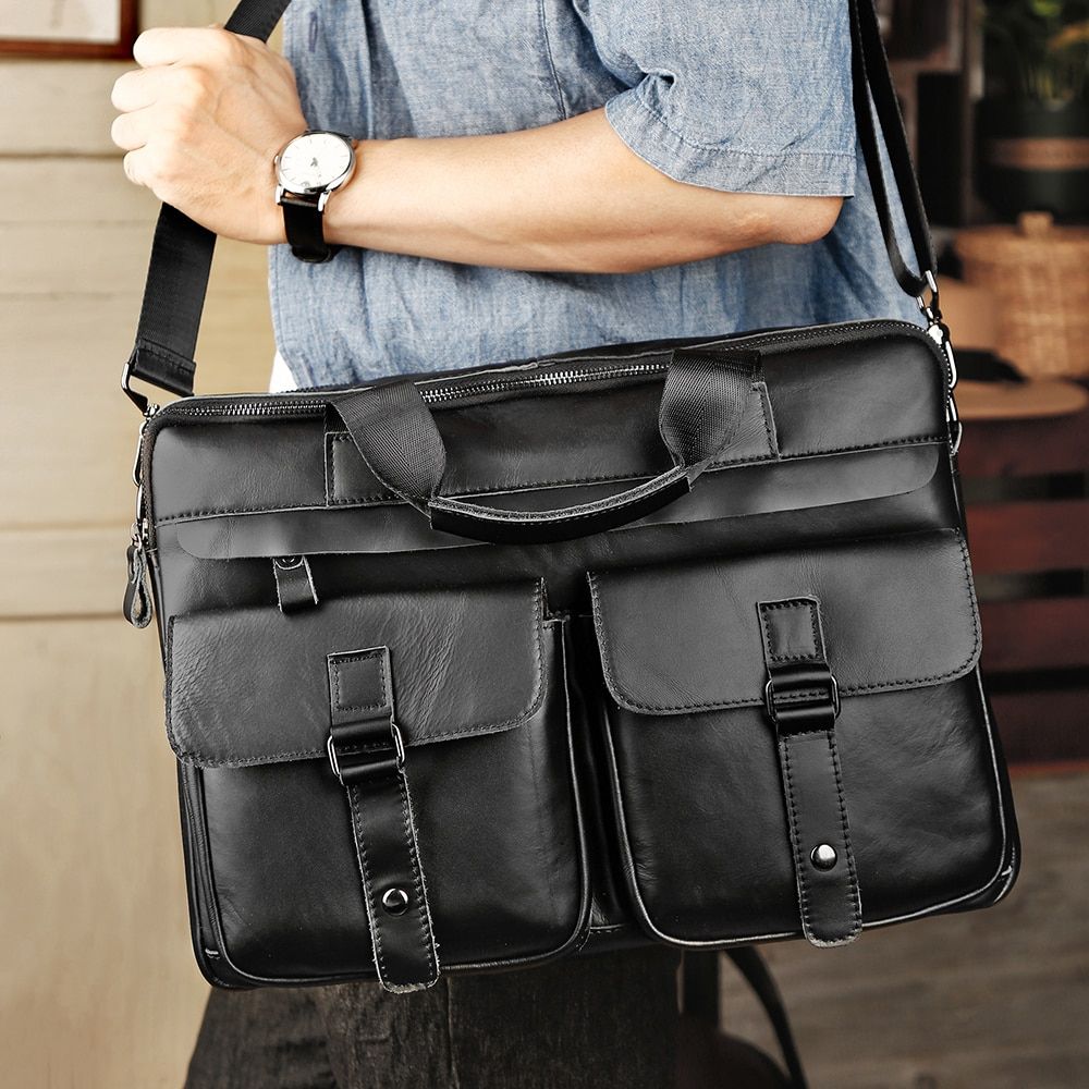 Genuine Leather Men's Briefcases 15.6\" Laptop Bag Office Bags For Men Document Business Messenger Bag Shoulder Bag Handbag