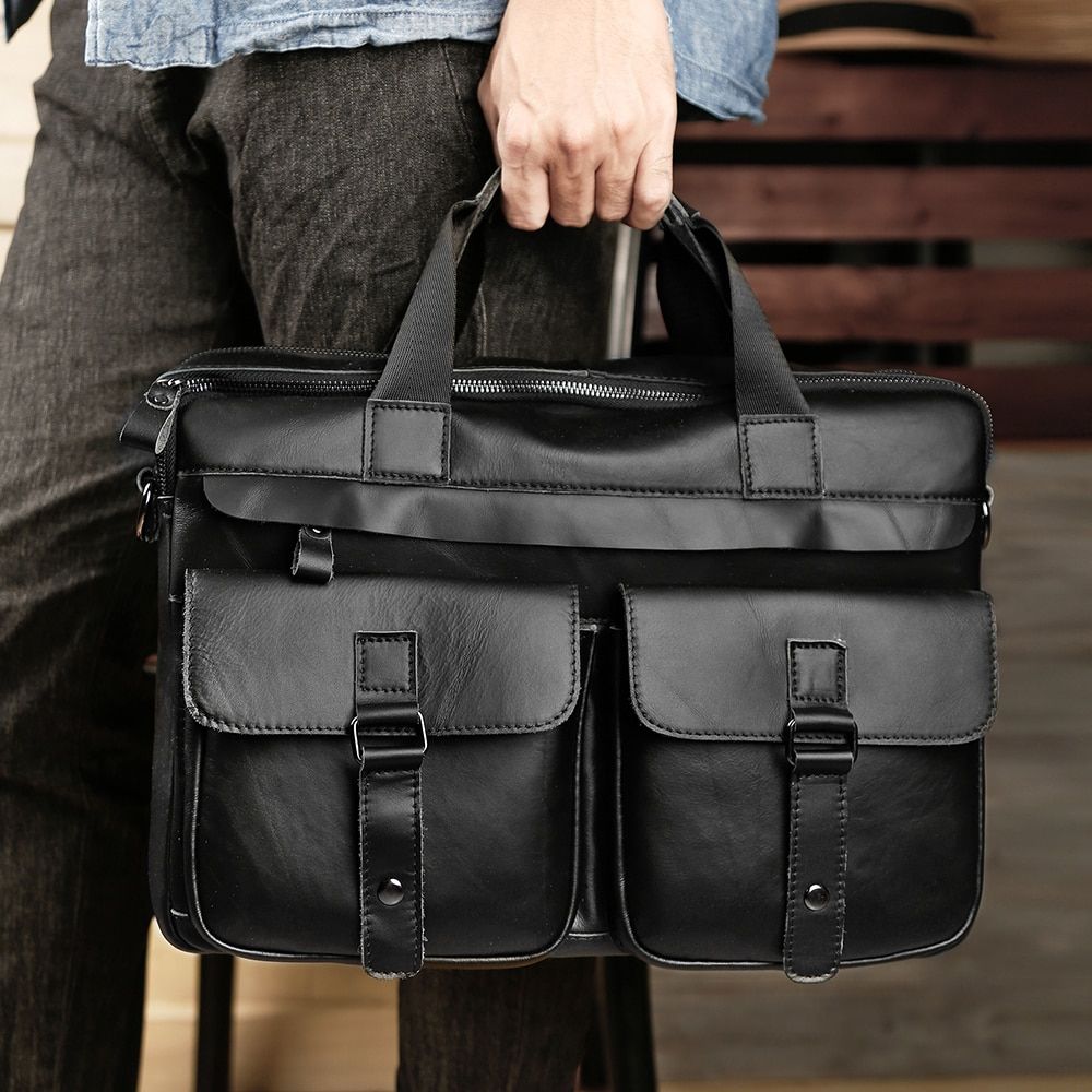 Genuine Leather Men's Briefcases 15.6\" Laptop Bag Office Bags For Men Document Business Messenger Bag Shoulder Bag Handbag
