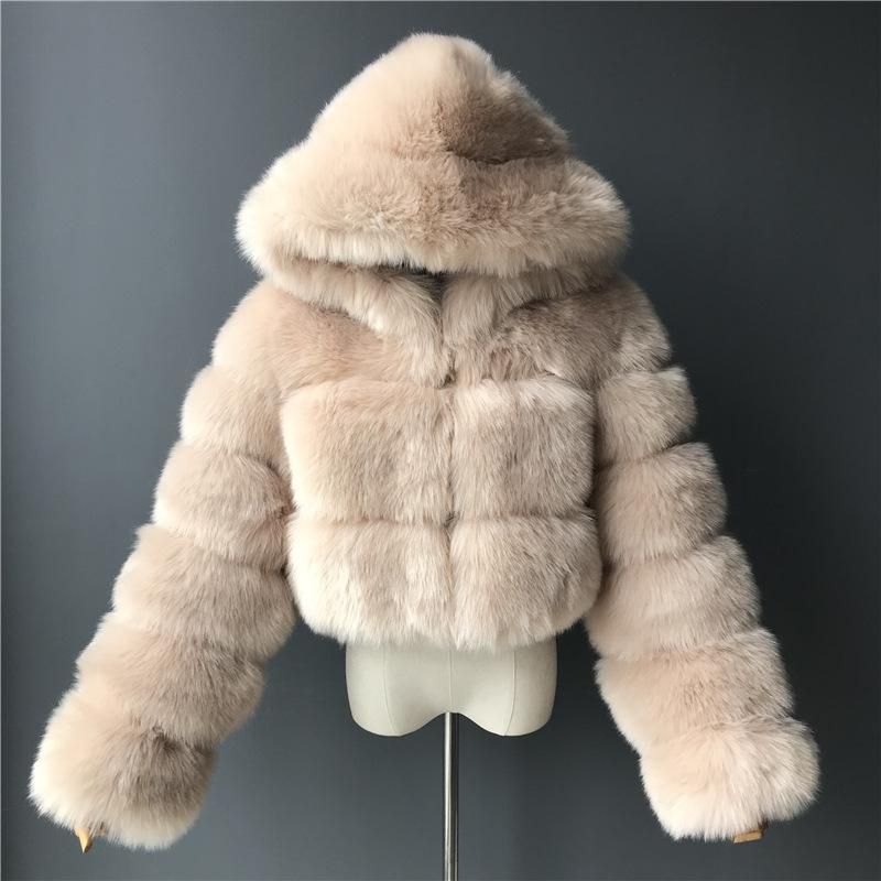 Fur jacket short hooded faux fur jacket faux fox fur long sleeved patchwork women's jacket