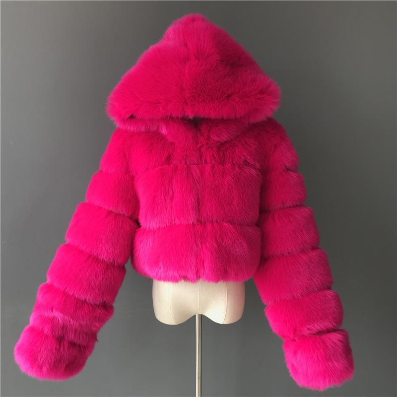 Fur jacket short hooded faux fur jacket faux fox fur long sleeved patchwork women's jacket