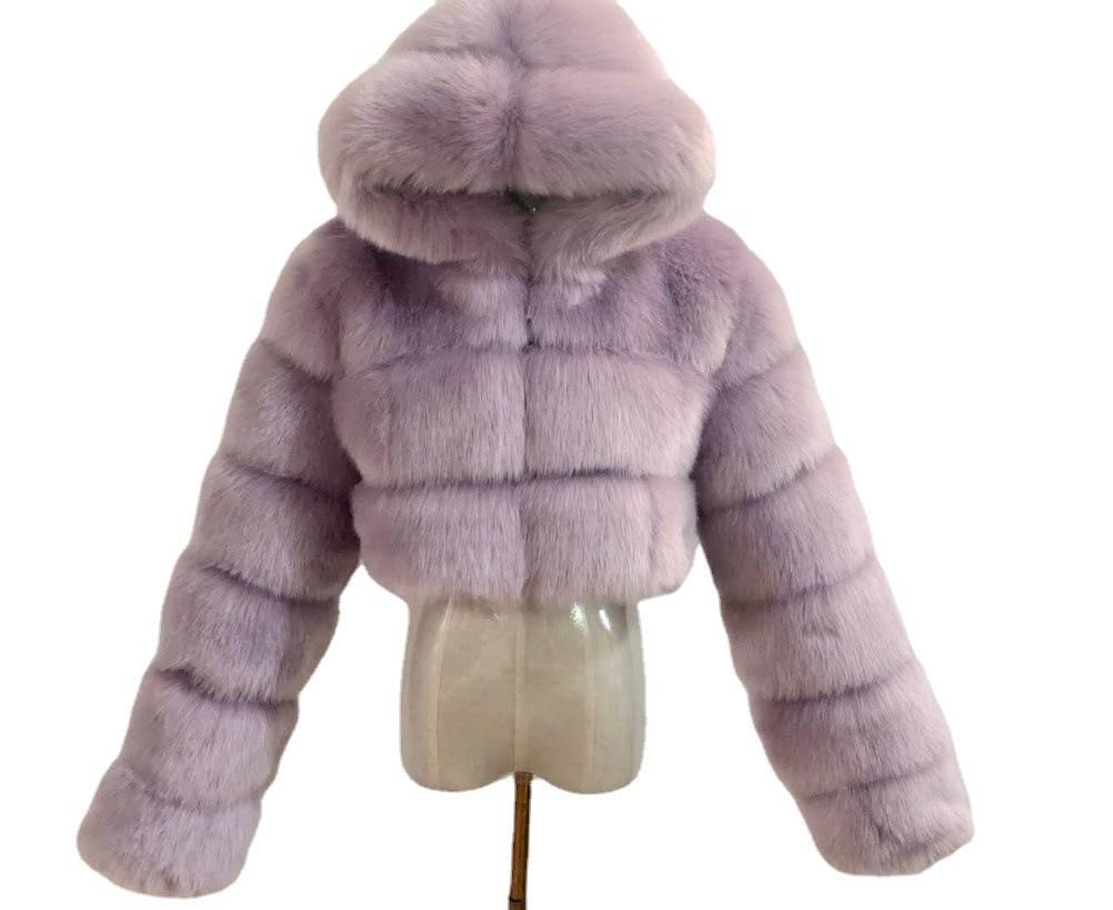 Fur jacket short hooded faux fur jacket faux fox fur long sleeved patchwork women's jacket