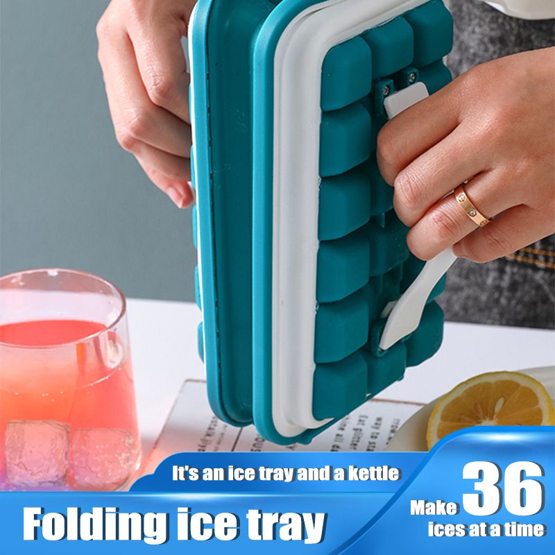 Folding Ice Tray 2 In 1 Ice Box Mould Curling Bar Maker Bag Silica Blue Drink Iced Folding Water Bottle 32 Cells Cube Mold