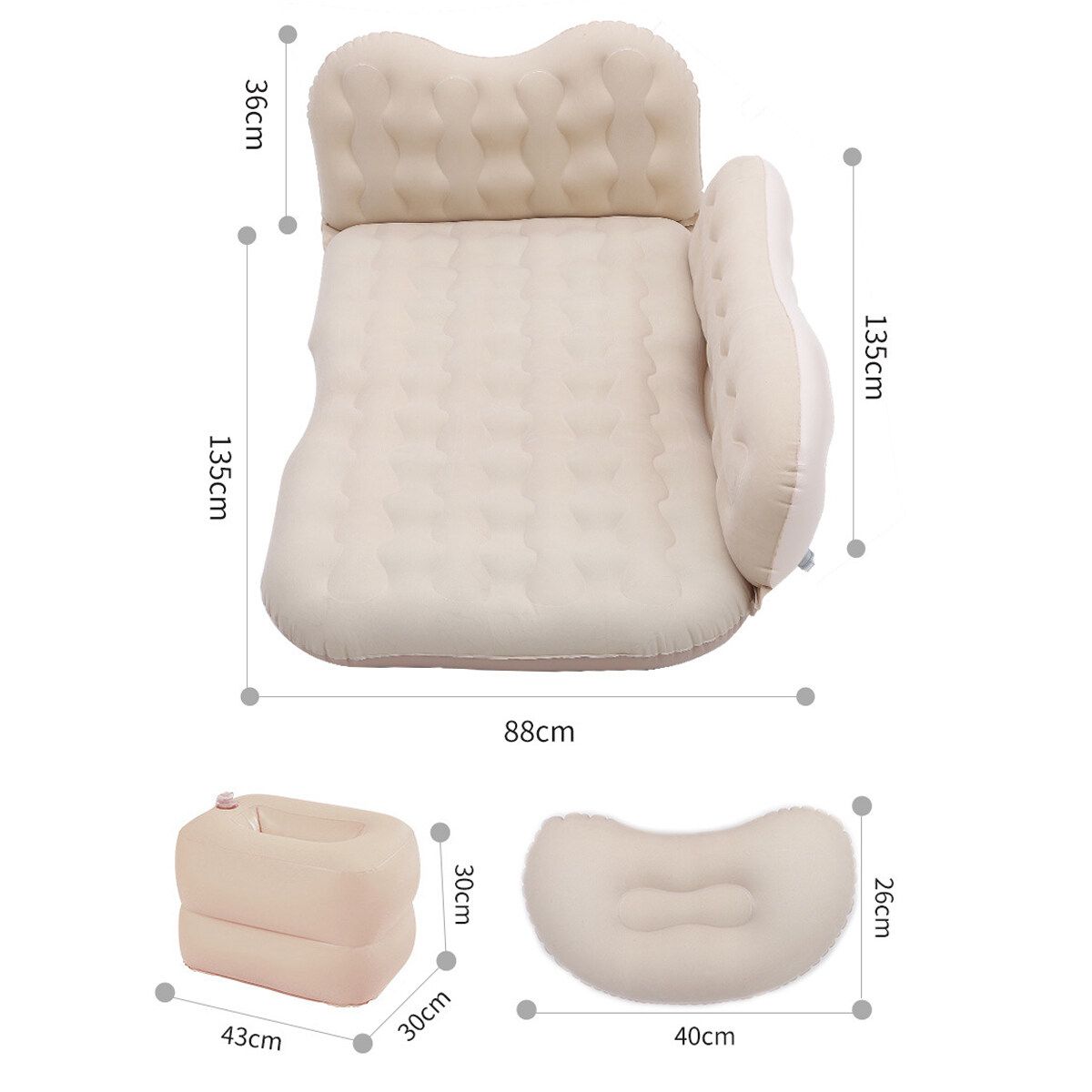 (With Air Pump+2Pcs Inflatable Stool+2Pcs Pillows ) 4 Colors 135x88x36cm Car Inflatable Mattress Travel Sleeping Vehicle Camping Cushion Back Seat Pads Cars Air Bed Pillow Beige