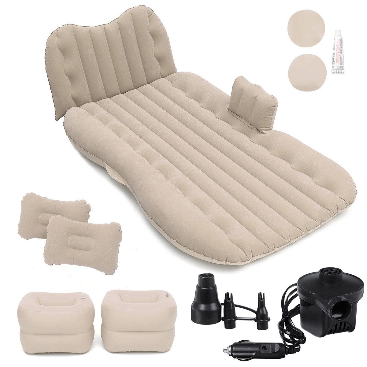 (With Air Pump+2Pcs Inflatable Stool+2Pcs Pillows ) 4 Colors 135x88x36cm Car Inflatable Mattress Travel Sleeping Vehicle Camping Cushion Back Seat Pads Cars Air Bed Pillow Beige