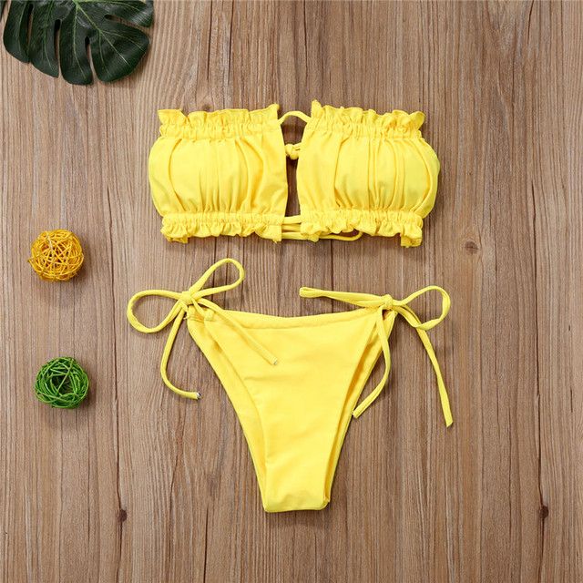 Summer Women Push Up Bikinis Set Solid Color Strapless Ruffles Bathing Suits For Women Bandage Padded Beach Swimwear Lady(#yellow)